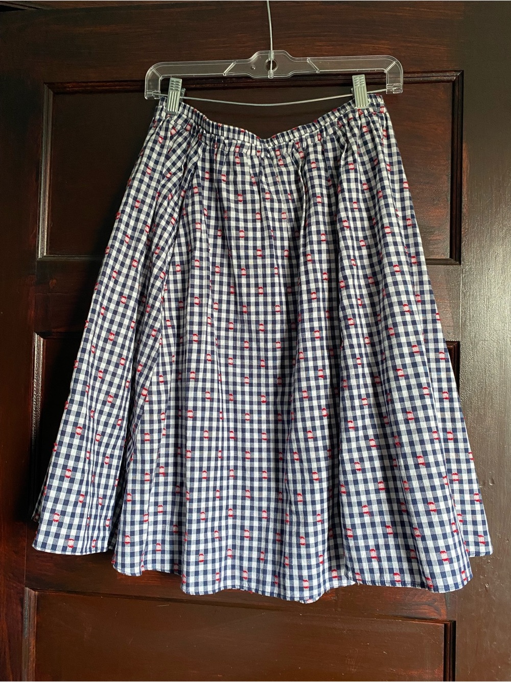Maeve Navy Gingham with Red Accents Midi Skirt- MP-Cotton
